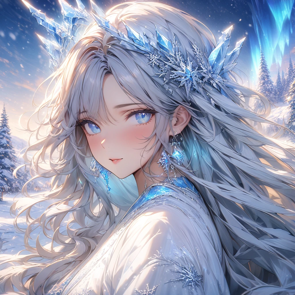 (masterpiece), best quality, expressive eyes, perfect face,(best quality,4k,8k,highres,masterpiece:1.2),ultra-detailed,snowy landscape,ice princess,mature woman,wavy hair,blue eyes,sparkling snowflakes,moonlit night,crystal crown,icy breath,frosty lashes,glistening skin,ethereal beauty,frozen eyelashes,illuminated ice sculptures,snow-covered trees,shimmering aurora borealis,quiet footsteps on the snow,serene expression,icy blue gown,glowing snow,land of tranquility,subtle winter colors,subzero temperatures,gusts of wind,deep serenity,enchanted winter kingdom