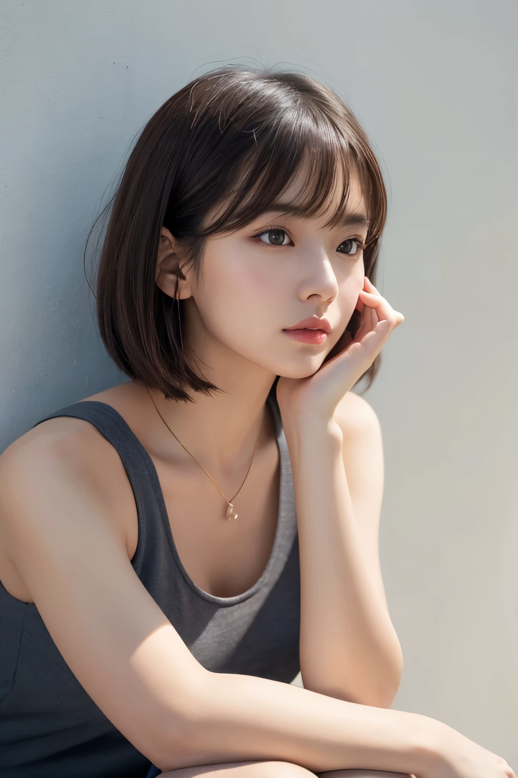 This image contains、It depicts a young woman with short, dark brown hair.。Hair style is a rough layered bob、Her bangs gently frame her face.。Her skin is brighter、Her natural makeup highlights her large, expressive eyes and plump lips.。The woman is wearing a sleeveless grey top.、Her slim shoulders and delicate collarbones are visible.。She is sitting indoors、Slightly leaning against a light-colored wall or panel。This background highlights her outfit and her serene demeanor.。The lighting is natural、It hit from the left side.、The soft shadows gently accentuate her features.。Her expression is calm and somewhat contemplative.、Adds a thoughtful touch to the image。The overall composition is intimate and close-up.、Focusing on her face and upper body、It captures the fine details of the exterior and the subtle interplay of light and shadow.。