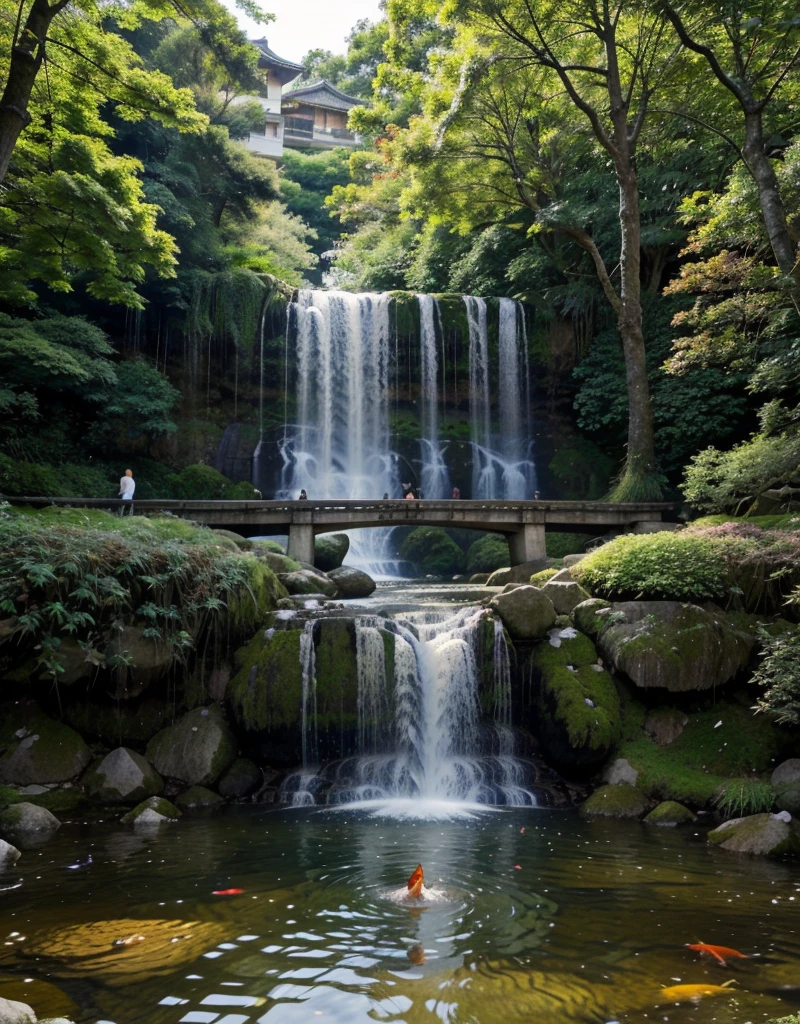 Fais moi une ilustration avec un tori japonais au millieu de l’eau avex des fleurs qui remonde le long des pieds avec dans le fond de l’image une cascade, des nenuphar dans leau qui entoure le tori japonais, un ciel bleu, et entre les pieds du tori japonais une carpe koi dans leau