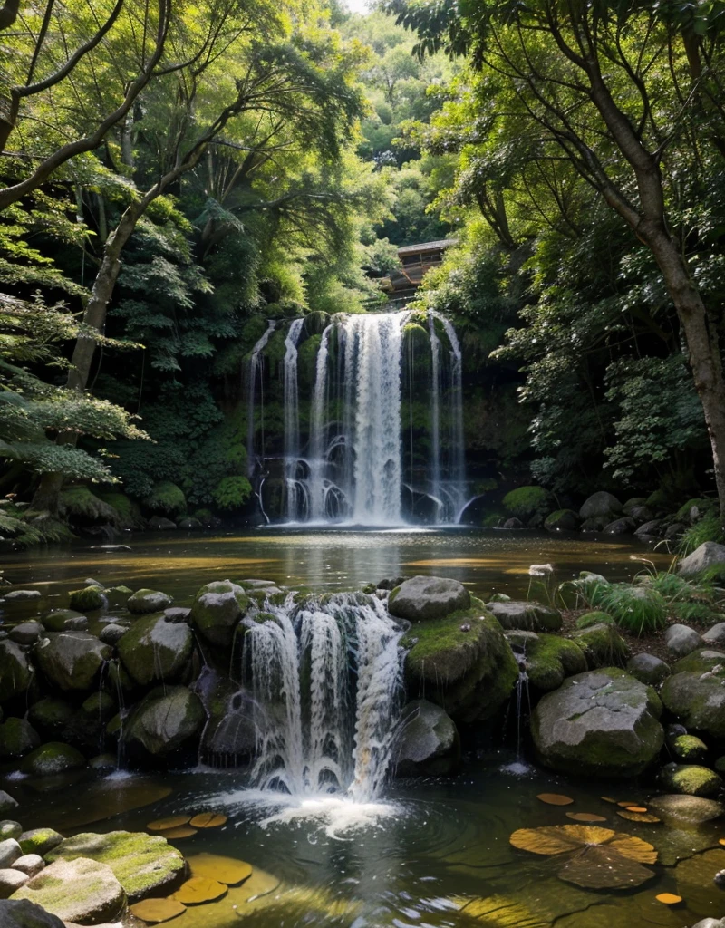 Fais moi une ilustration avec un tori japonais au millieu de l’eau avex des fleurs qui remonde le long des pieds avec dans le fond de l’image une cascade, des nenuphar dans leau qui entoure le tori japonais, un ciel bleu, et entre les pieds du tori japonais une carpe koi dans leau
