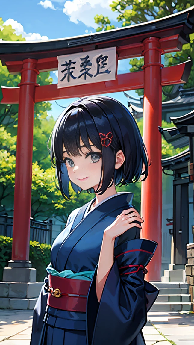 、Short black hair down to the shoulders、Blue kimono、A cheerful smile、Daytime forest、Large Torii Gate