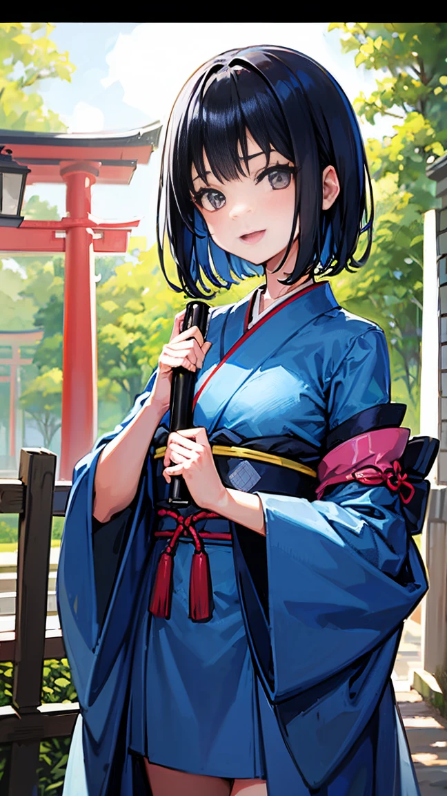 -yeld giShort black hair down to the shoulders、Blue kimono、A cheerful smile、Daytime forest、Large Torii Gate