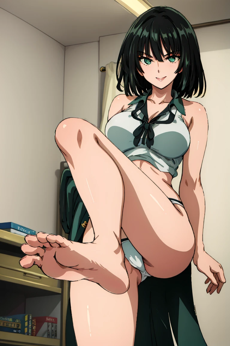 (Masterpiece of Art, best quality specialist), 1 girl , Fubuki, Dazzling, , indoors,white Bikini , white panties, Green top, showing feet , 5 Fingers, naked feet , Close to viewer , smile, another, another,