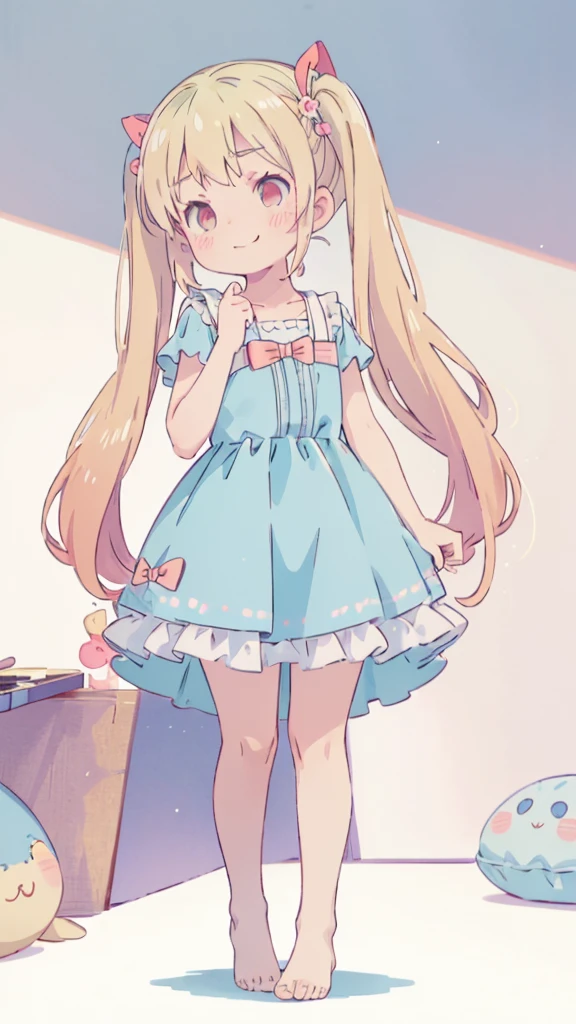 ((masterpiece))((Highest quality))girl、Smirk、blush、Flat Chest、Are thin、Blonde Hair、blush、Are standing、Whole body image、Eye level to the feet、、No background、Blue clothes、Hair is two colors、Twin tails、Red Eyes、Look back