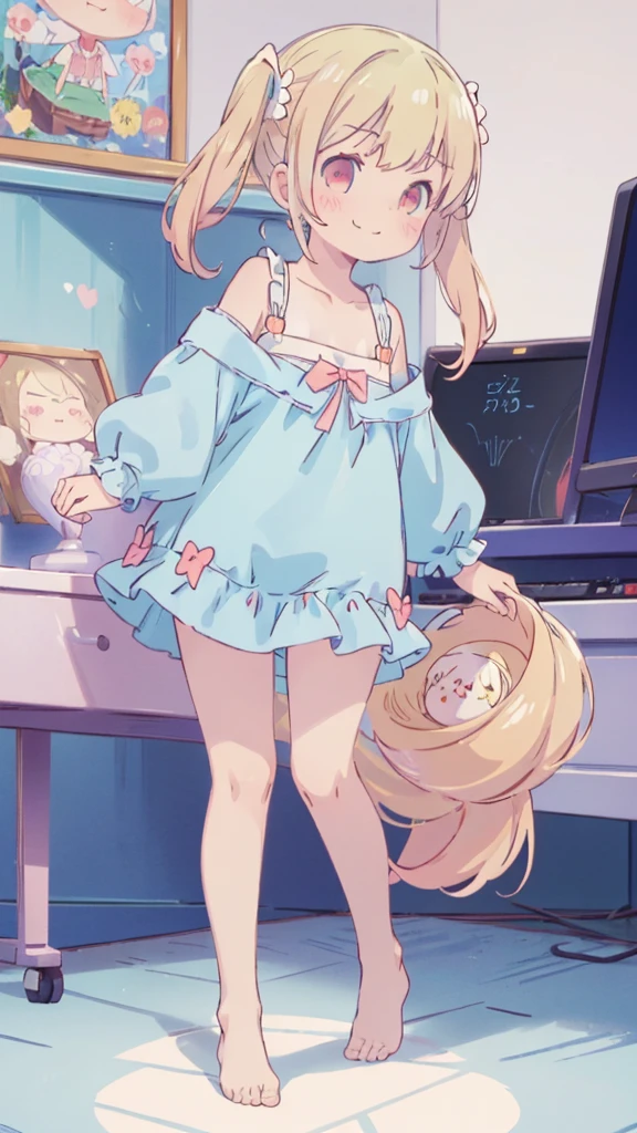 ((masterpiece))((Highest quality))girl、Smirk、blush、Flat Chest、Are thin、Blonde Hair、blush、Are standing、Whole body image、Eye level to the feet、、No background、Blue clothes、Hair is two colors、Twin tails、Red Eyes、Look back