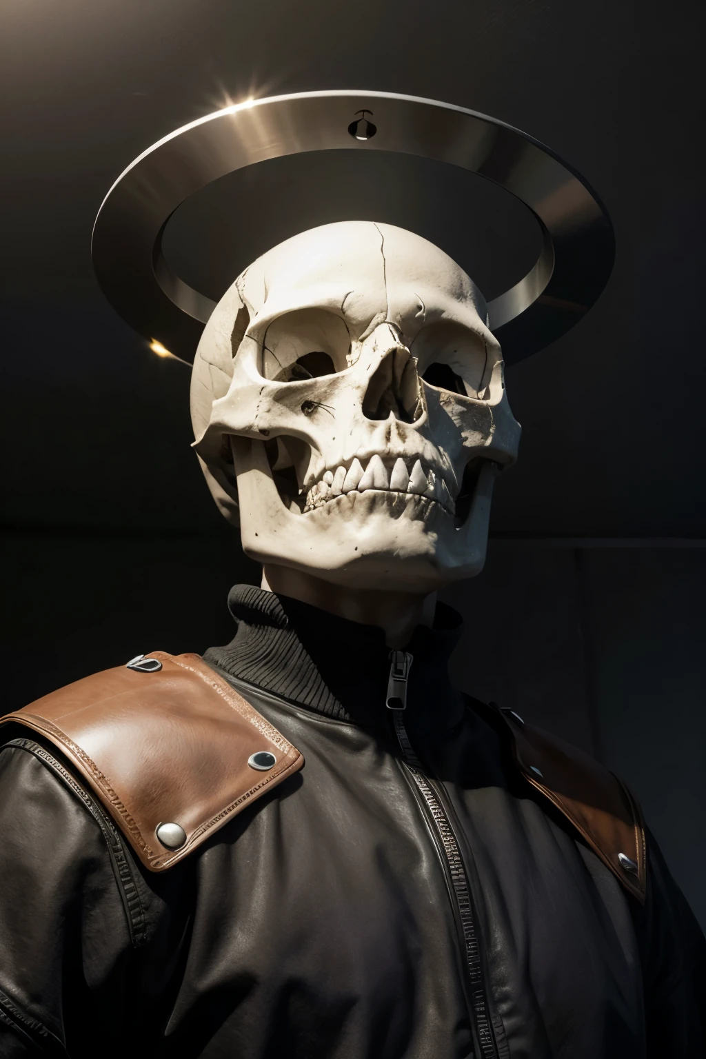 skull made from car parts looking up