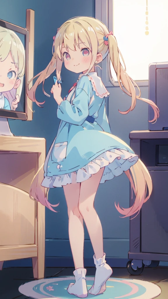 ((masterpiece))((Highest quality))girl、Smirk、blush、Flat Chest、Are thin、Blonde Hair、blush、Are standing、Whole body image、Eye level to the feet、、No background、Blue clothes、Hair is two colors、Twin tails、Red Eyes、Look back