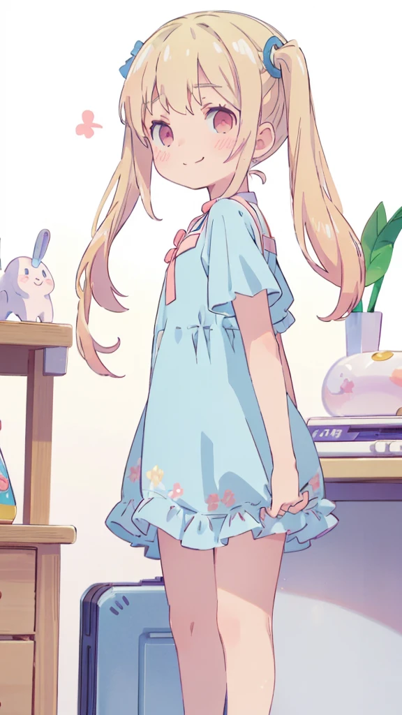 ((masterpiece))((Highest quality))girl、Smirk、blush、Flat Chest、Are thin、Blonde Hair、blush、Are standing、Whole body image、Eye level to the feet、、No background、Blue clothes、Hair is two colors、Twin tails、Red Eyes、Look back