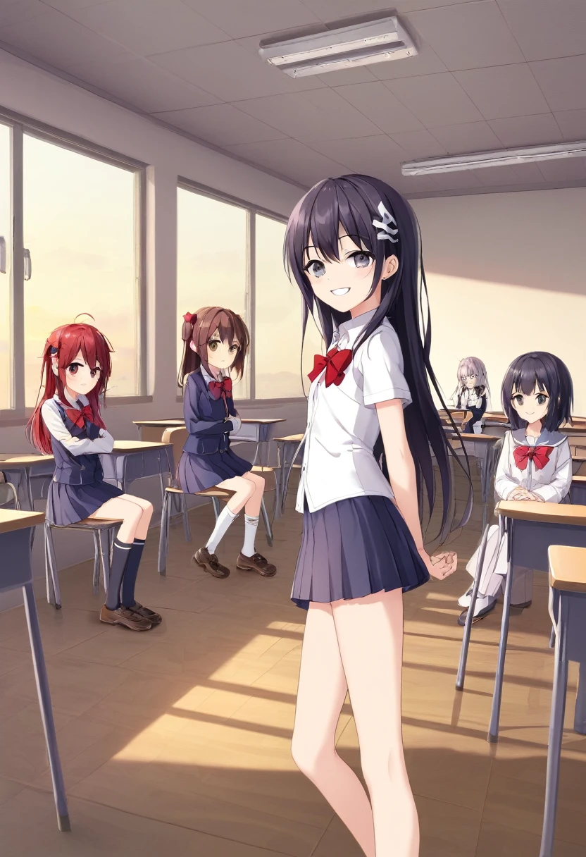 masterpiece, Highest quality, Artist:Healthy people, Artist:Akipeko, Artist:Aak, Artist:Shincos, Artist:Dead Noodle, One girl, skinny, Hanazato Minori, Grey Eyes, hair ornaments, classroom, Silver Seraph, smile, Red bow tie, Are standing, Put your arms behind your back, Grin, window, sunset, View your viewers, mini skirt, From the side,