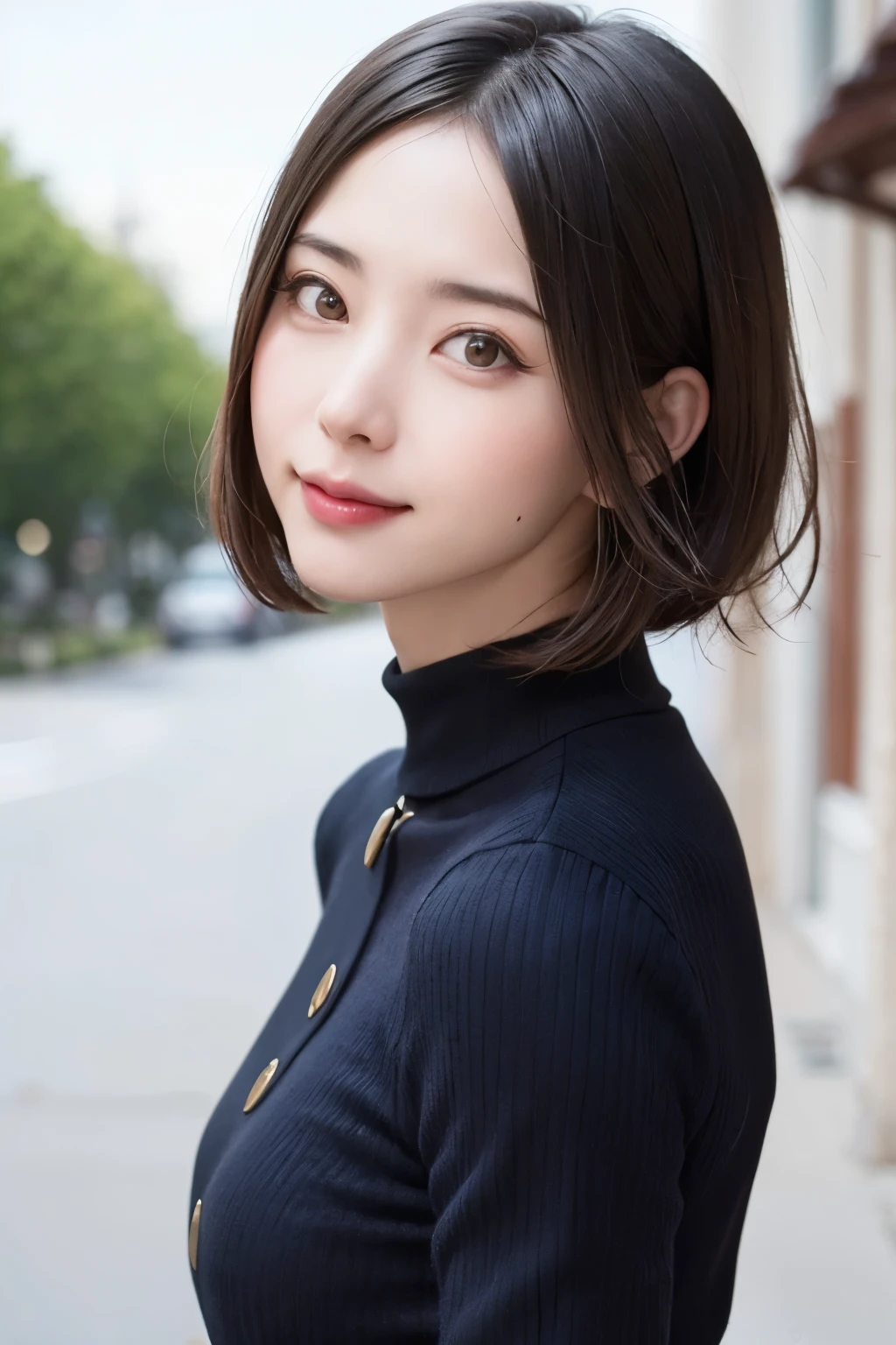 (masterpiece, Highest quality),One Girl, alone, hyper Realistic, Realistic,Realistic, Looking at the audience, Light brown eyes:1.4,Brunette Short Bob Hair with highly detailed shiny hair, Brightly colored winter clothes, Lepangas:1.4), Plein Air, Mouth closed, Upper Body、big chest eye、eyelash、{hugeな|big chest|hugeなな|Mega} chest:2, chestの谷間:2、{huge|big|hugeな|Mega} chest, chestの谷間、(((big chest eye、Short Bob Hair、Student Highlights、Gazing at the audience、She is very beautiful and cute、Listen carefully、Long neck、smile、Close your mouth and smile、Bangs and beautiful teeth、Perfect ???????)))、Ideal body type、（Snowy tree-lined road in winter in Norway）、美しいLong neck:1.4、