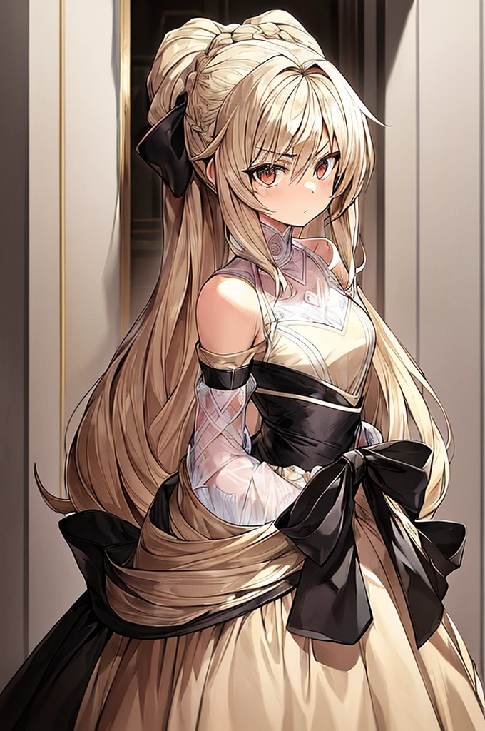 Masterpiece, best quality, girl noir style, beige skin, hairy skin, beige hair on the skin, brown eyes, long beige hair combed, hair up, white dress, black bow, determined look, look forward, serious, hairy skin . hairy face, noir style, hair up.