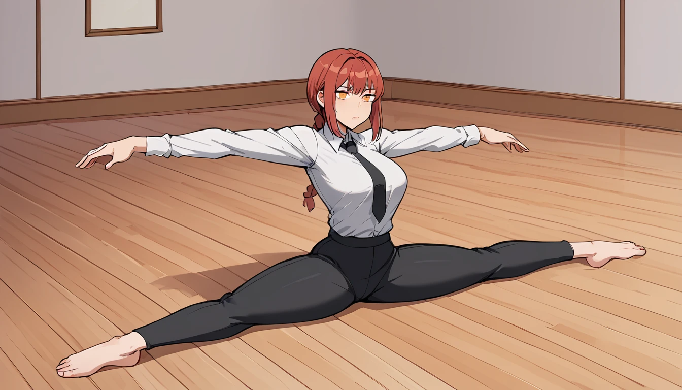 makima, braided ponytail, orange eyes, ringed eyes, collared shirt, black necktie, black pants, One girl, Sitting, On the floor, Split Horizon, stretch, horizontal splits, stretch regs, stretching, arms up, sleepy