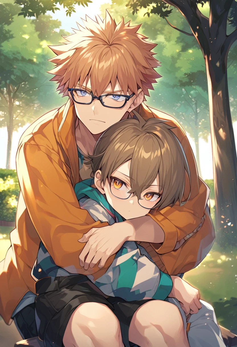 Bakugou Katsuki,anime,BNH,hugging a 19 year old boy with brown hair, slanted look with honey-colored eyes and glasses,detailed,in a park.