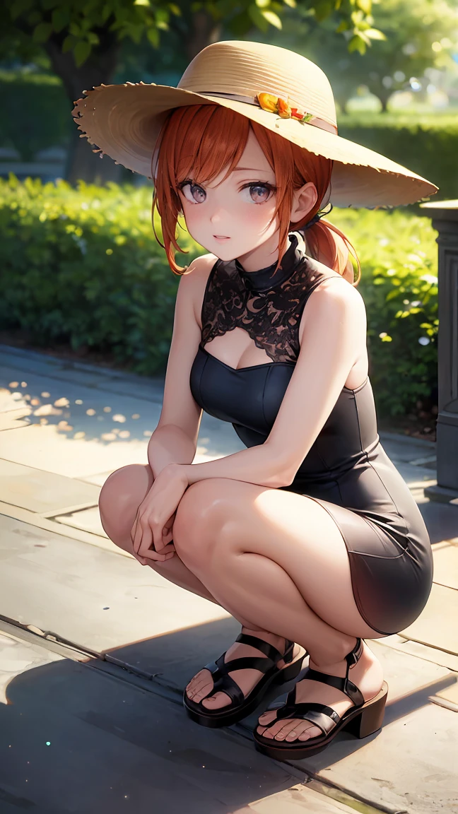 ((masterpiece)), ((best quality)), perfect detailed eyes, perfect detailed face, ultra-detailed nose, orange hair, sidelocks, ponytail, Summer sunshine, sitting on a park bench, one-piece dress, (Boater hat), (Holding knees), kneeling, wearing sandals