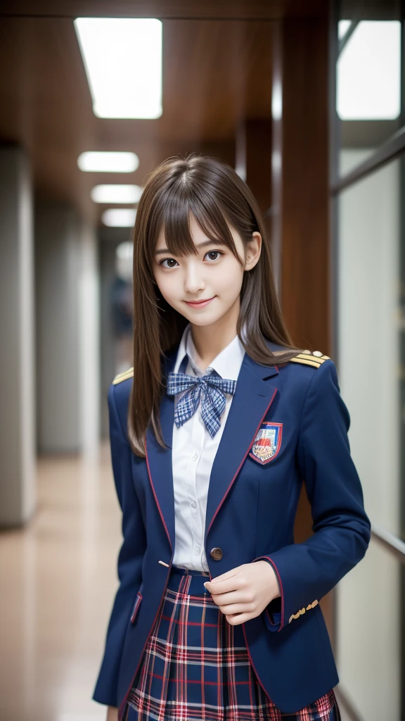Ultra-high resolution, Superior Quality, Highest quality, Very detailed, Realistic, 8k, RAW Photos, Highest quality, masterpiece, Attractive girl, Awesome girl, Brown Hair, Shoulder-length layers, 非対称のbangs, K-POPアイドル, Sophisticated, stylish, Shibuya Ward, ((masterpiece)),(((Highest quality))),Thin thighs,Long legs,Girl standing in school corridor,Red Tie Uniform,Dark Blue Blazer,Blue plaid skirt,18-year-old,bangs,A small smile,Random Pause,pretty girl,Slender girl,