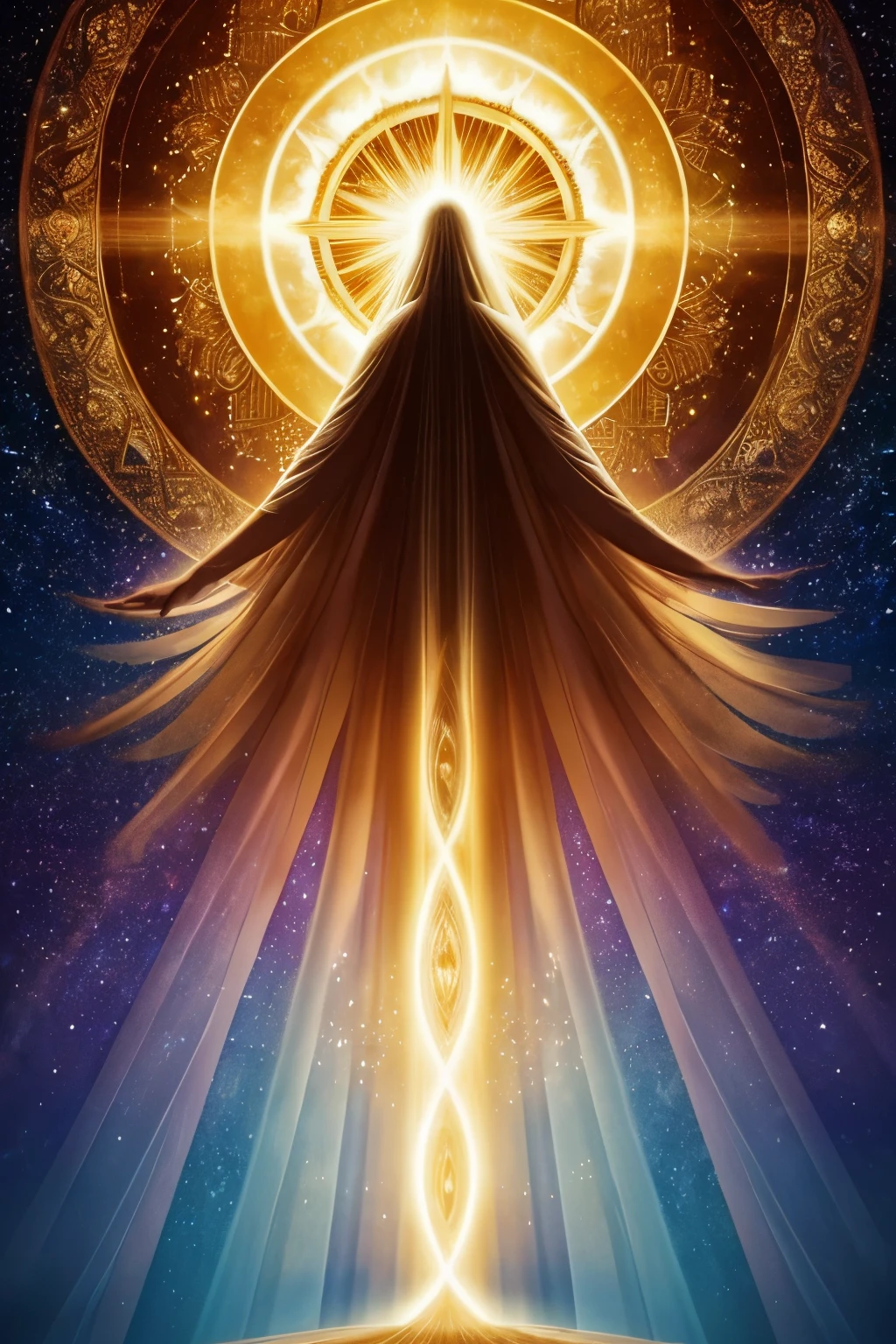 The book cover for "ON BECOMING GOD" should be visually arresting, drawing in viewers with its profound and mystical elements. At the center of the cover, depict a radiant, ethereal figure ascending from the earth, embodying the concept of spiritual transformation and divinity. Surround this figure with a luminous, golden aura, symbolizing enlightenment and the divine presence.

In the background, incorporate celestial imagery: a starry sky, a radiant sun, and hints of heavenly realms, blending 