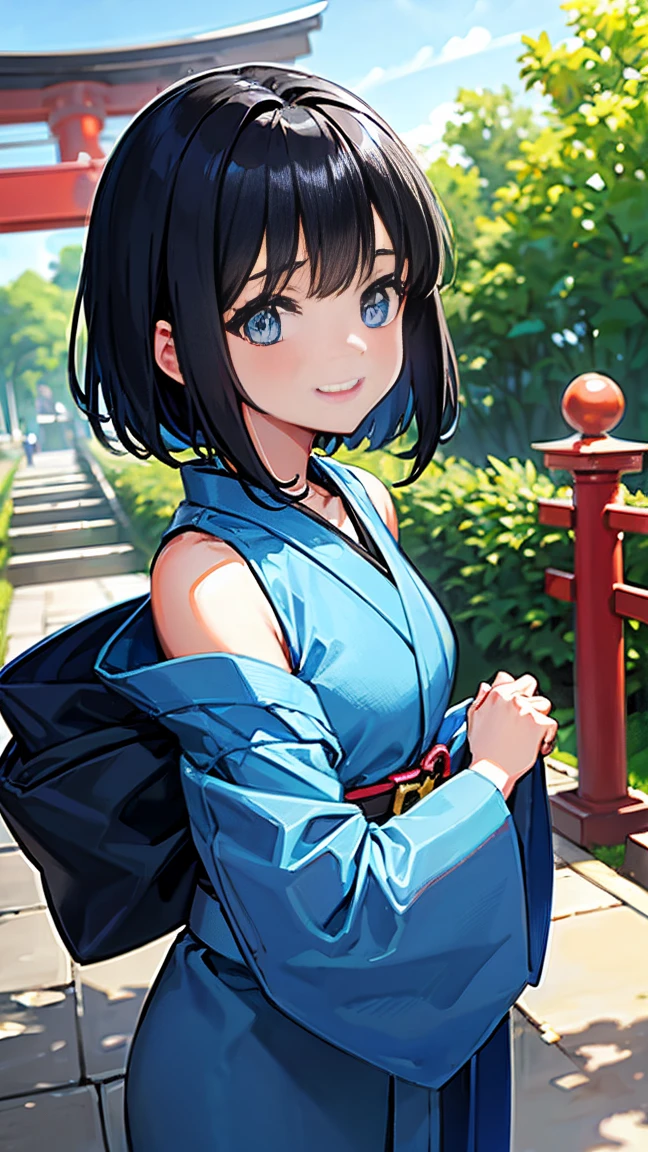 16-year-old girl、Short black hair down to the shoulders、Blue kimono、A cheerful smile、Daytime forest、Large Torii Gate