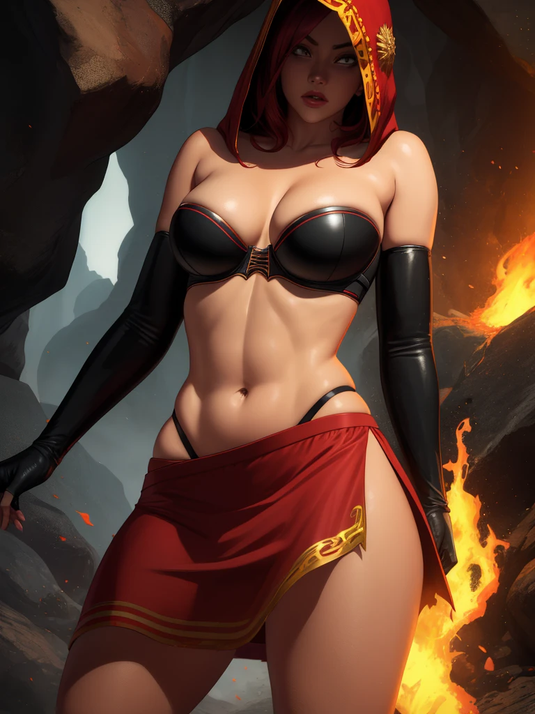 Dsorceress, redhair, shadowy face,dark cave, fire, hood, shadowed face, strapless bra, slim and athletic body, miniskirt, no panty, elbow gloves, dark skin, 1 girl (insanely detailed, masterpiece, best quality)
