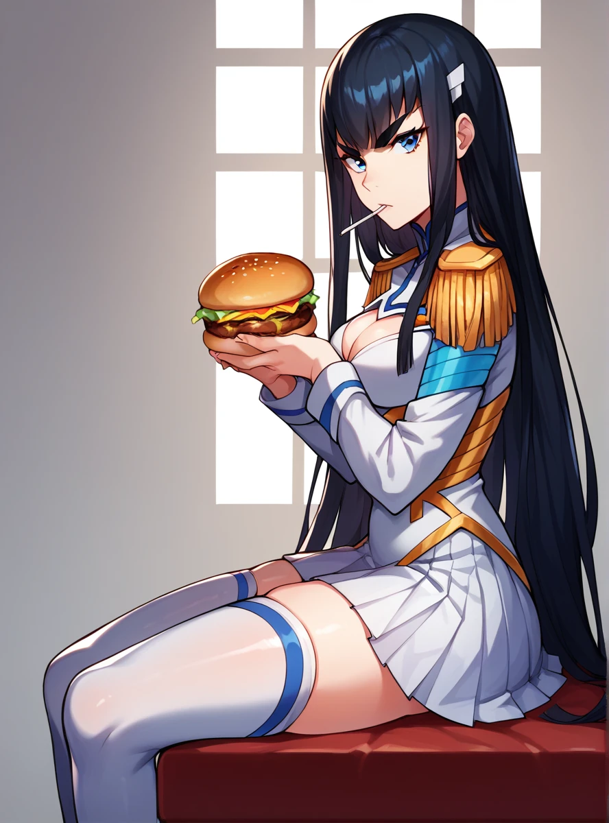 score_9, score_8_up, score_7_up, score_6_up, score_5_up, score_4_up , source_anime masterpiece,    satsukiklk, long hair, black hair, blue eyes, thighhighs,skirt, epaulettes, indoors, looking at viewer, holding burgers, burger in mouth, serious, from side, looking at viewer, thick eyebrows, simple background, cleavage cutout, shoulder armor, pauldrons, full body, slight belly fat, 1girl, solo, 