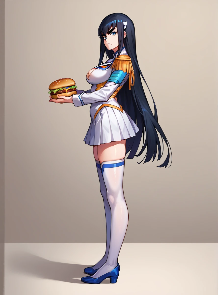 score_9, score_8_up, score_7_up, score_6_up, score_5_up, score_4_up , source_anime masterpiece,    satsukiklk, long hair, black hair, blue eyes, thighhighs,skirt, epaulettes, indoors, looking at viewer, holding burgers, burger in mouth, serious, from side, looking at viewer, thick eyebrows, simple background, cleavage cutout, shoulder armor, pauldrons, full body, slight belly fat, 1girl, solo, 