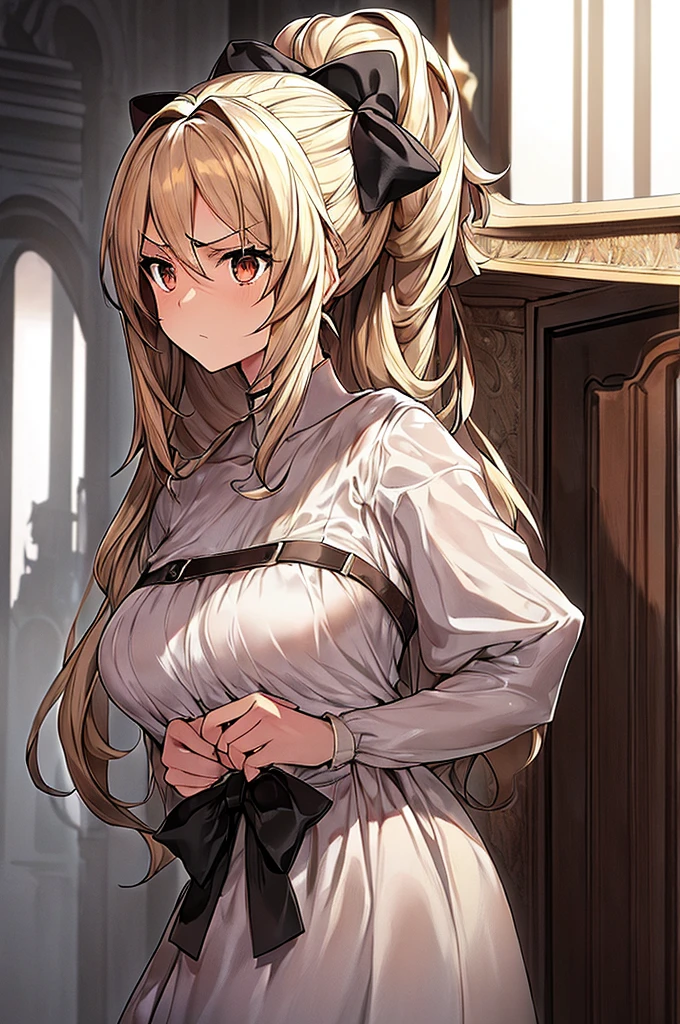 Masterpiece, best quality, girl noir style, beige skin, hairy skin, beige hair on the skin, brown eyes, long beige hair combed, hair up, white dress, black bow, determined look, look forward, serious, hairy skin . hairy face, noir style, hair up.
