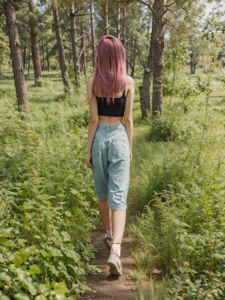 girl, 21 years old, short shoulder-length hair, pink hair color,  green shorts, black top