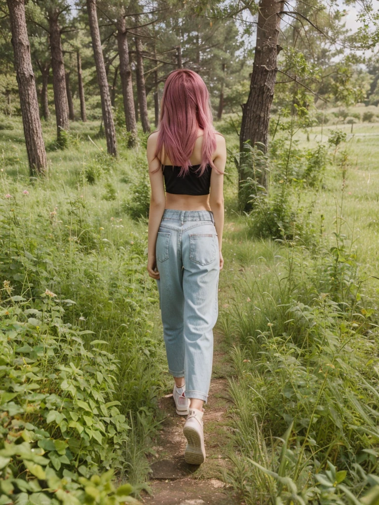 girl, 21 years old, short shoulder-length hair, pink hair color,  green shorts, black top