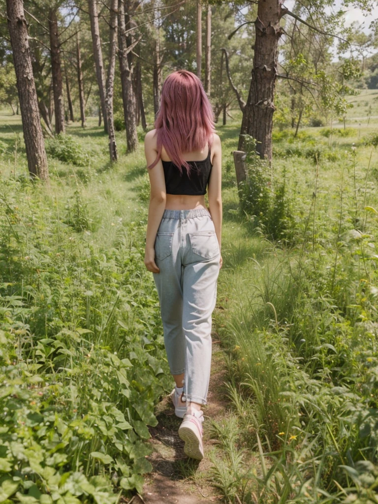 girl, 21 years old, short shoulder-length hair, pink hair color,  green shorts, black top