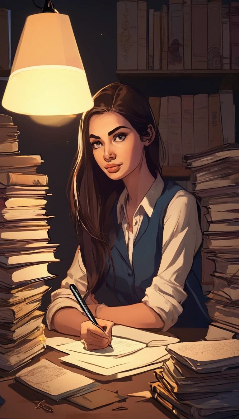 A young woman sitting at the study table at night, surrounded by stacks of books and notes. The light from a desk lamp illuminates her determined face as she writes intensely. There's a coffee mug next to her, indicating that she is fighting sleep
