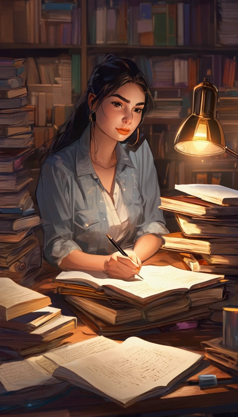 A young woman sitting at the study table at night, surrounded by stacks of books and notes. The light from a desk lamp illuminates her determined face as she writes intensely. There's a coffee mug next to her, indicating that she is fighting sleep