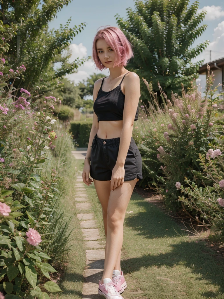 girl, 21 years old, short shoulder-length hair, pink hair color,  green shorts, black top