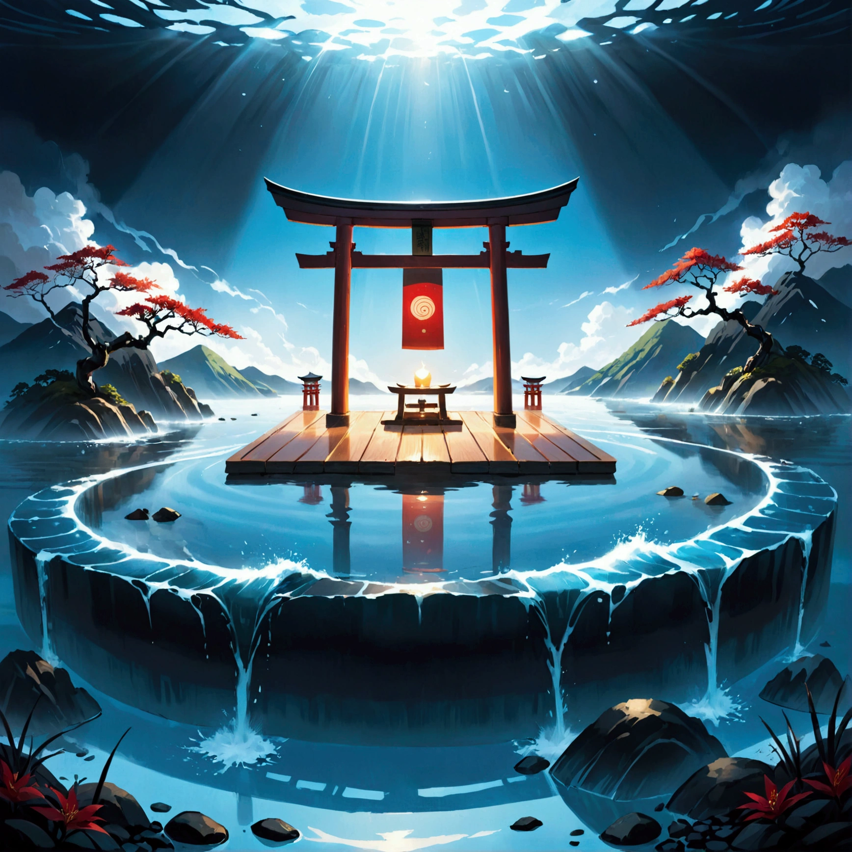 Illustration of a Japanese tori in the middle of the water