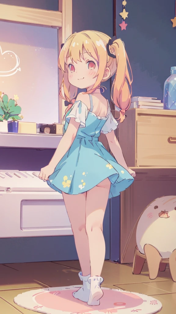 ((masterpiece))((Highest quality))girl、Smirk、blush、Flat Chest、Are thin、Blonde Hair、blush、Are standing、Whole body image、Eye level to the feet、、No background、Blue clothes、Hair is two colors、Twin tails、Red Eyes、Look back、Two-tone red and yellow hair
