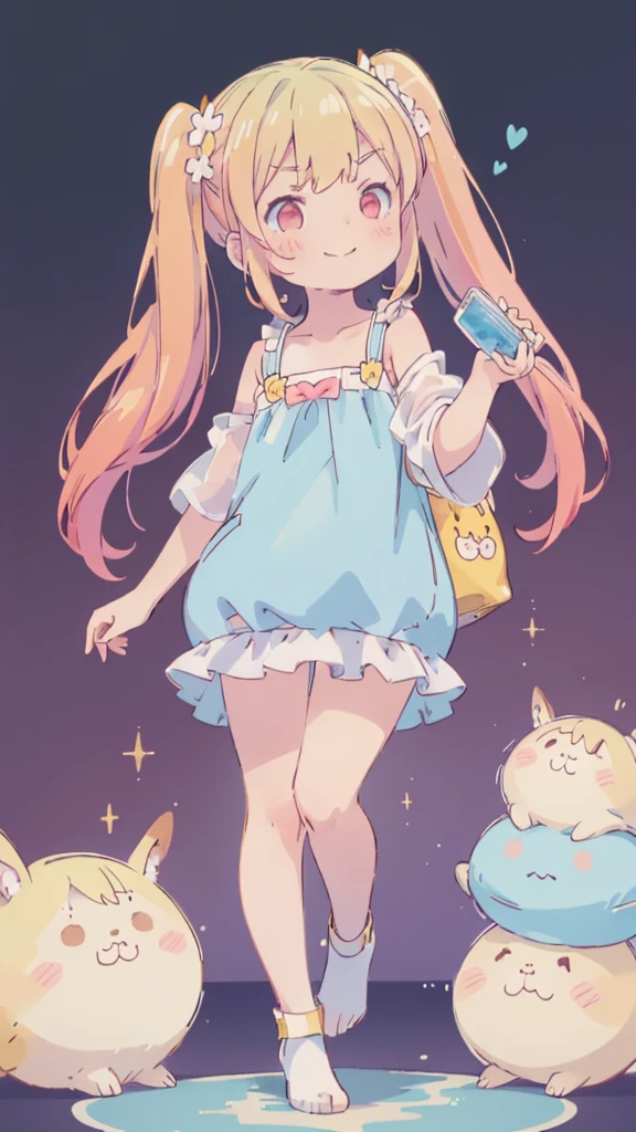 ((masterpiece))((Highest quality))girl、Smirk、blush、Flat Chest、Are thin、Blonde Hair、blush、Are standing、Whole body image、Eye level to the feet、、No background、Blue clothes、Hair is two colors、Twin tails、Red Eyes、Look back、Two-tone red and yellow hair