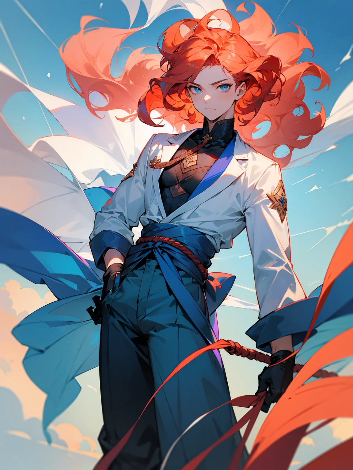 1male, , coral hair, wavy hair, vergil hair, white long sleeve shirt, sky blue baggy pants, rope tied around waist, black gloves,
