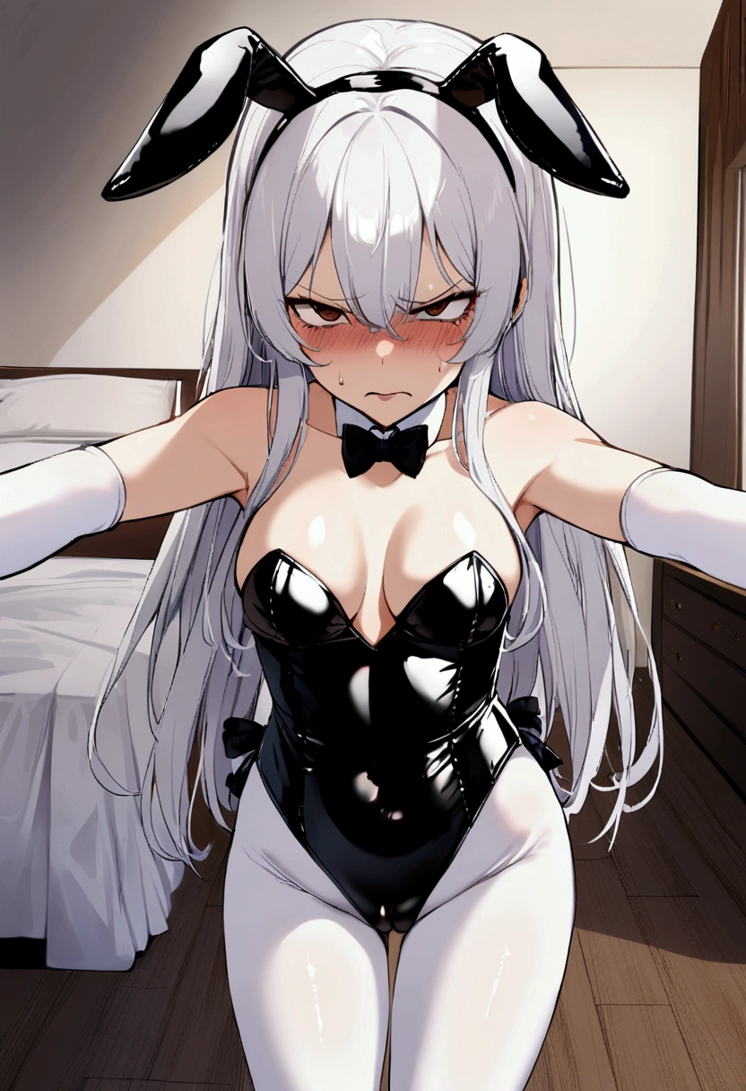 1girl with long white hair, brown eyes, erotic bunny latex suit, rich bedroom, disgust on face, full stand, white stockings