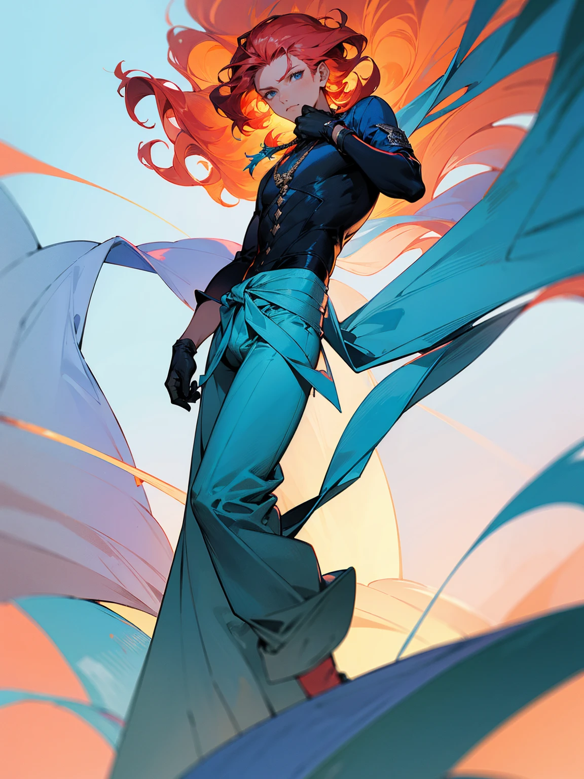 1male, young, coral hair, wavy hair, vergil hair, white long sleeve shirt, sky blue baggy pants, rope tied around waist, black gloves,