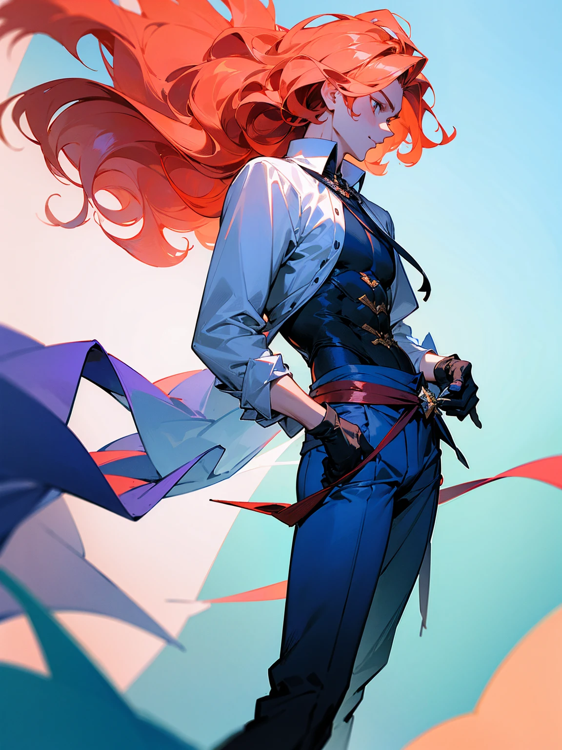 1male, young, coral hair, wavy hair, vergil hair, white long sleeve shirt, sky blue baggy pants, rope tied around waist, black gloves,