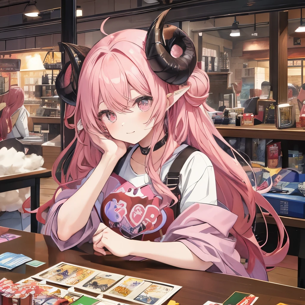 An anime-style illustration of ‘Fua-chan’ playing a card game at a store. Fua-chan has distinctive features: long pink hair styled in soft curls resembling sheep’s horns, and pink eyes. She is depicted sitting at a table in a card game shop, focused on the game with a determined and excited expression. She is wearing casual, comfortable clothing suitable for a fun day out. The table is covered with cards, game pieces, and other players can be seen in the background. The shop is well-lit and lively, with shelves filled with games and decorations that create an enthusiastic and engaging atmosphere. perfect hands