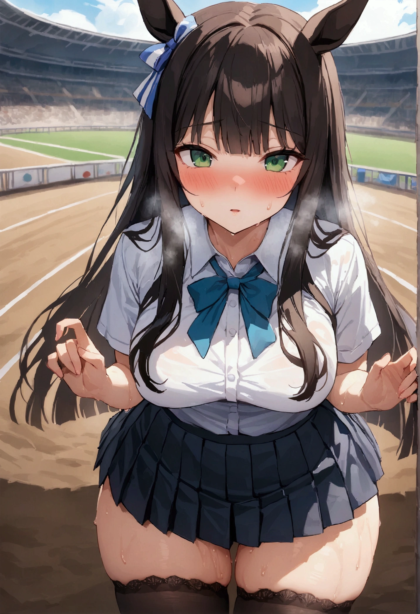 Silence Suzuka、Horse Girl、Best image quality、High resolution、masterpiece、super high quality、Arena、Run、颯爽とRun、Sweaty、Very short pleated skirt、Heavy breathing、blush、4k quality、Black Pantyhose、Voluptuous thighs