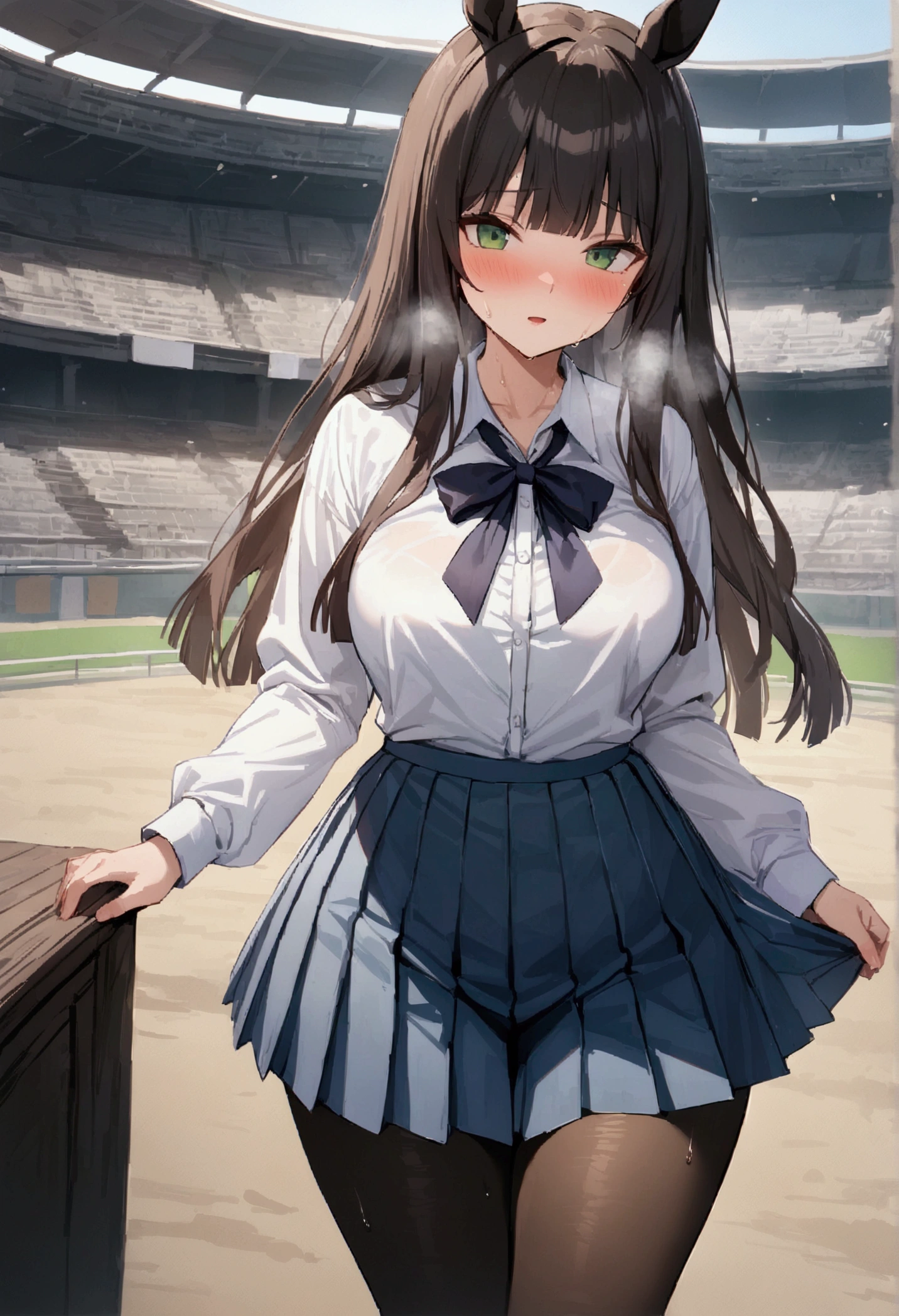 Silence Suzuka、Horse Girl、Best image quality、High resolution、masterpiece、super high quality、Arena、Run、颯爽とRun、Sweaty、Very short pleated skirt、Heavy breathing、blush、4k quality、Black Pantyhose、Voluptuous thighs