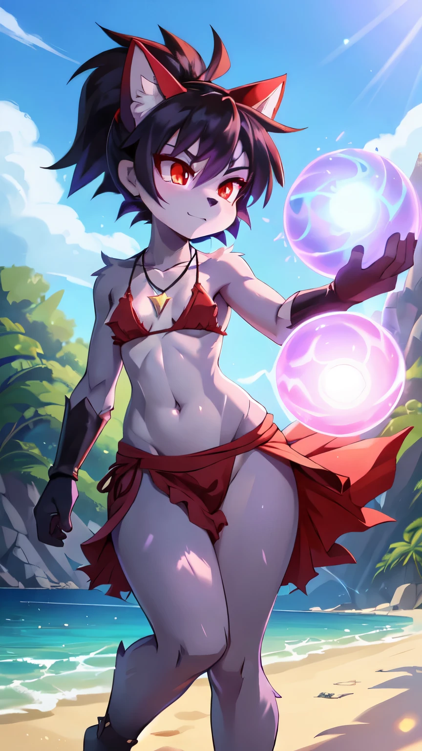 score_9,score_8_up,score_7_up, source_cartoon, source_furry, furry girl, wolf, black hair, punk hairstyle, huge long spiky ponytail, anime style, small breasts, red eyes, "makeup, red eyeshadows", ((deep red bikini ruffled triangle, high cut bottom, star necklace, beach sarong on hips)), high quality, detailed body, detailed eyes, detailed face, masterpiece, glistening body, detailed body fur, best quality, two tone body, gray fur, clear gray fur, perfect lighting, perfect shadows, perfect eyes, perfect hair, perfect face, gorgeous body, skinny, standing, glowing red eyes, outdoors, dynamic action shot, speed lines, motion blur, :3, full body, feets with three toes, ((lilac Aura, lilac energy ball))
