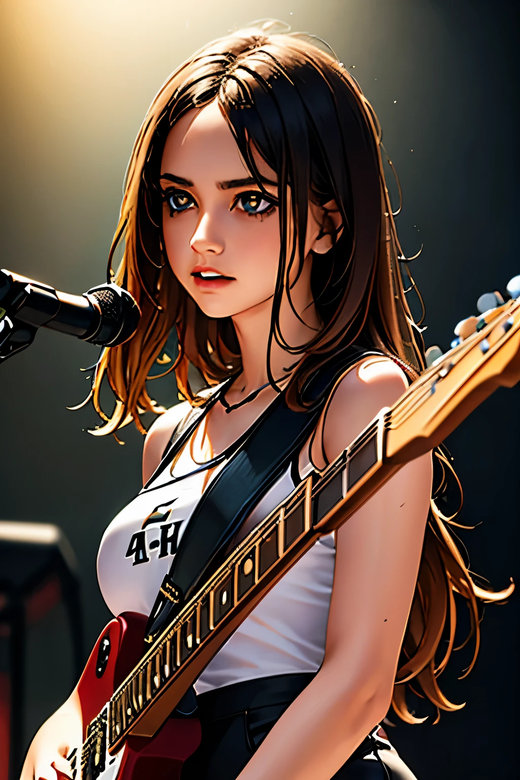 a girl playing electric guitar,beautiful detailed eyes,beautiful detailed lips,extremely detailed eyes and face,longeyelashes,solo musician,electric guitar,rock music,stage performance,dramatic lighting,dark background,cinematic,photorealistic,studio lighting,8k,best quality,masterpiece,ultra-detailed,vibrant colors,dramatic shadows