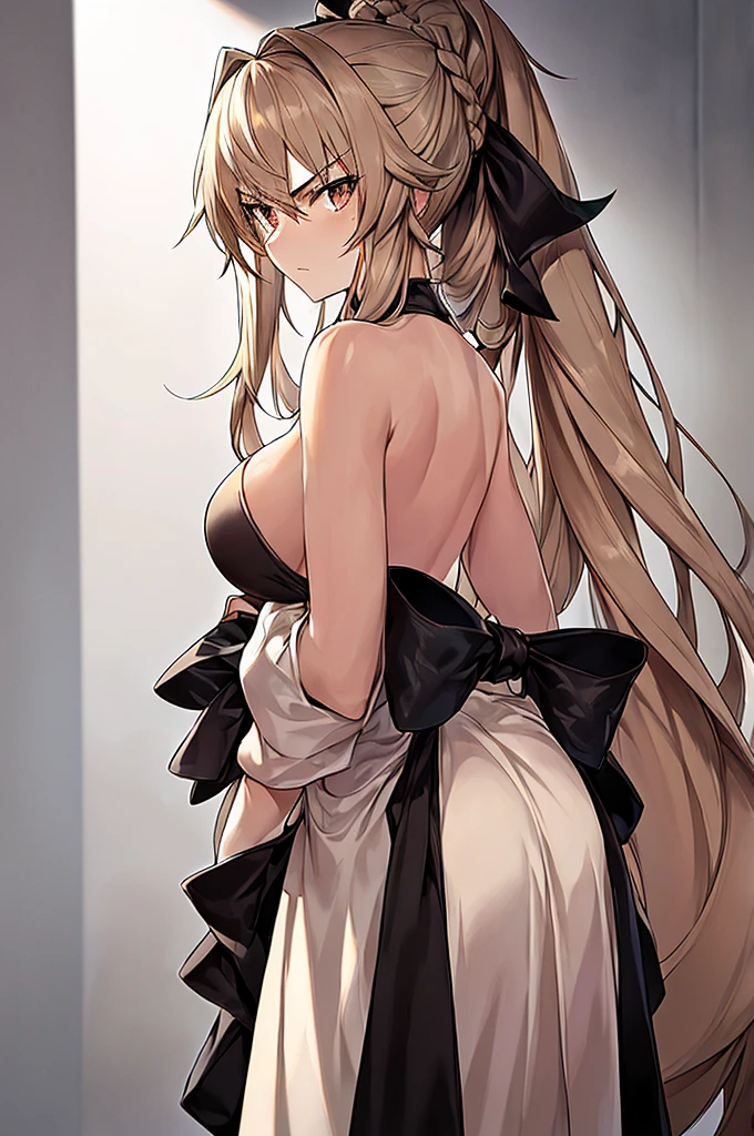 Masterpiece, best quality, girl noir style, beige skin, hairy skin, beige hair on the skin, brown eyes, long beige hair combed, hair up, white dress, black bow, determined look, look forward, serious, hairy skin . hairy face, noir style, hair up.