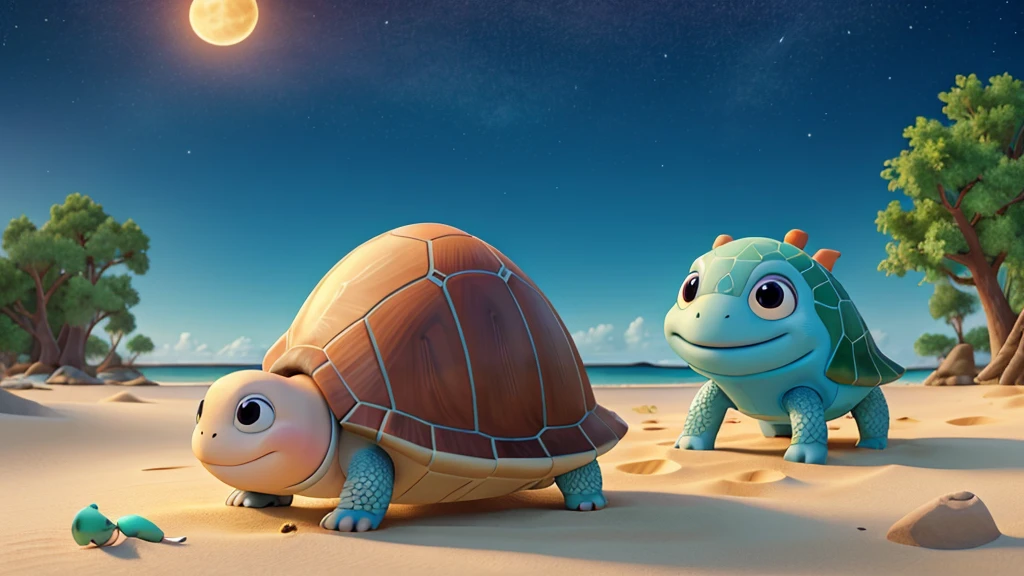 Create an airbrush glossy image of a cute cartoon turtle with a patterned shell, lying on a sandy beach with its head resting on a striped pillow. The turtle should have large, expressive eyes and be smiling. In the background, there should be a clear night sky with stars and a large full moon illuminating the scene. The words "GOOD NIGHT" should be written in the sky above the turtle in a friendly and inviting font.