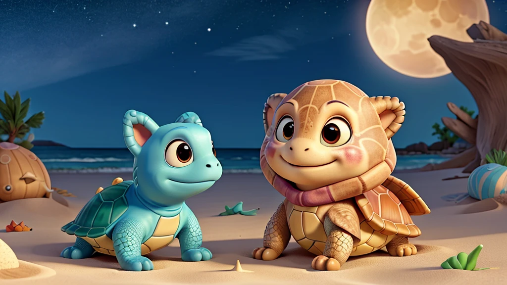 Create an airbrush glossy image of a cute cartoon turtle with a patterned shell, lying on a sandy beach with its head resting on a striped pillow. The turtle should have large, expressive eyes and be smiling. In the background, there should be a clear night sky with stars and a large full moon illuminating the scene. The words "GOOD NIGHT" should be written in the sky above the turtle in a friendly and inviting font.