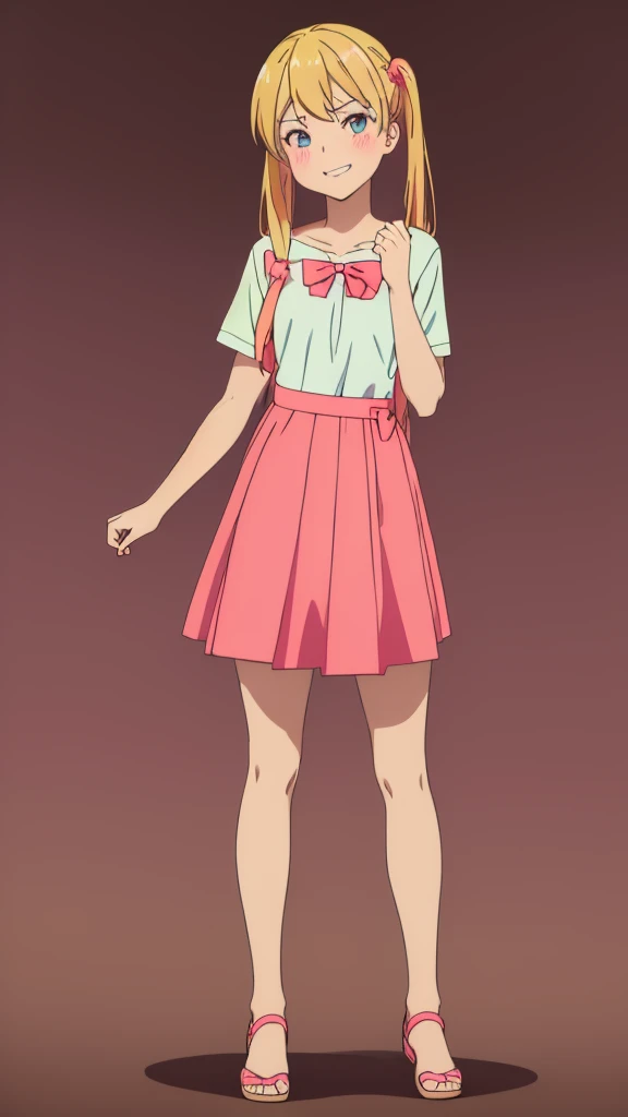 ((masterpiece))((Highest quality))girl、Smirk、blush、Flat Chest、Are thin、Blonde Hair、blush、Are standing、Whole body image、Eye level to the feet、、No background、Blue clothes、Hair is two colors、Twin tails、Red Eyes、Look back、Two-tone red and yellow hair