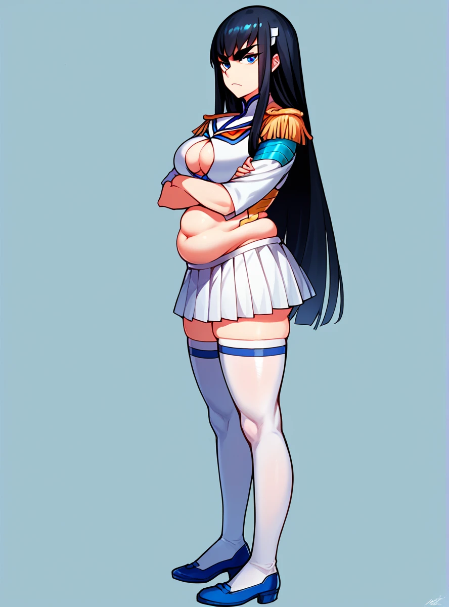 score_9, score_8_up, score_7_up, score_6_up, score_5_up, score_4_up , source_anime masterpiece,    satsukiklk, long hair, black hair, blue eyes, thighhighs,skirt, epaulettes, indoors, looking at viewer crossed arms, serious, from side, looking at viewer, thick eyebrows, simple background, cleavage cutout, shoulder armor, pauldrons, full body, belly fat, soft belly, plump, slight abs, 1girl, solo, close up, 