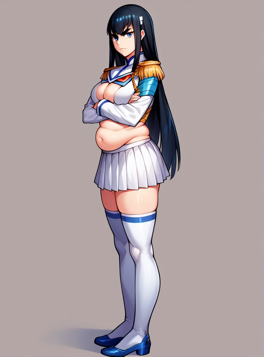 score_9, score_8_up, score_7_up, score_6_up, score_5_up, score_4_up , source_anime masterpiece,    satsukiklk, long hair, black hair, blue eyes, thighhighs,skirt, epaulettes, indoors, looking at viewer crossed arms, serious, from side, looking at viewer, thick eyebrows, simple background, cleavage cutout, shoulder armor, pauldrons, full body, belly fat, soft belly, plump, slight abs, 1girl, solo, close up, 