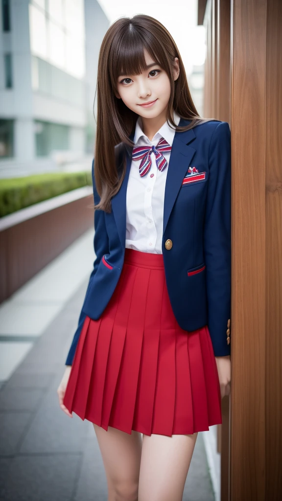 Ultra-high resolution, Superior Quality, Highest quality, Very detailed, Realistic, 8k, RAW Photos, Highest quality, masterpiece, Attractive girl, Awesome girl, Brown Hair, Shoulder-length layers, 非対称のbangs, K-POPアイドル, Sophisticated, stylish, Shibuya Ward, ((masterpiece)),(((Highest quality))),Thin thighs,Long legs,Girl standing in school corridor,Red Tie Uniform,Dark Blue Blazer,Dark blue skirt,18-year-old,bangs,A small smile,Random Pause,pretty girl,Slender girl,